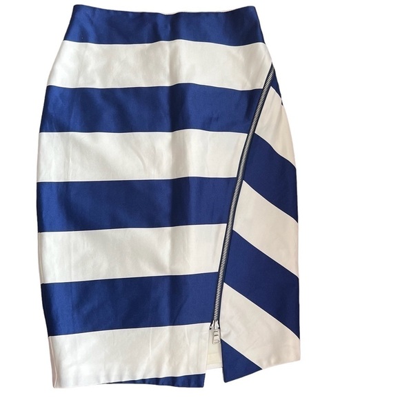 Express Women’s Blue White Striped Pencil Skirt Diagonal Zipper Detail Sz O NWT - Picture 3 of 13